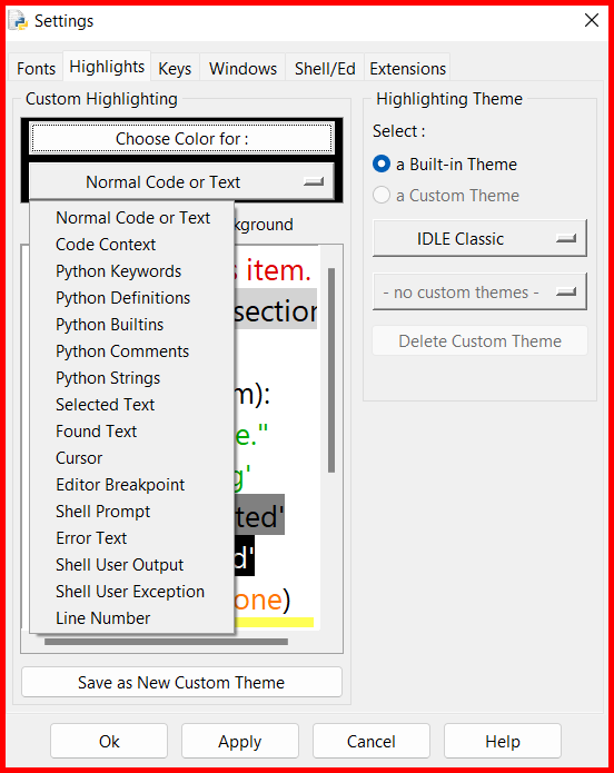 Picture showing the Highlights tab of the settings screen  to select the color